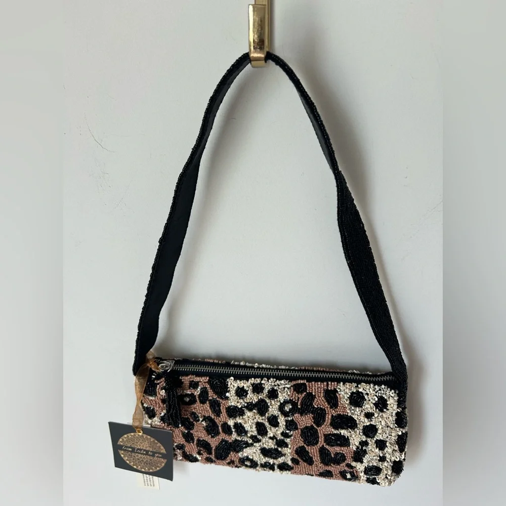 Beaded Cheetah Print Sequin Shoulder Bag